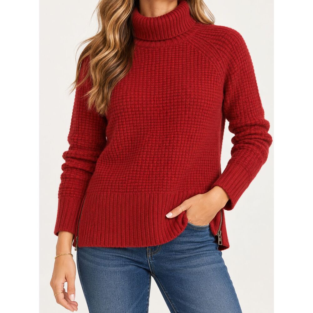 L.L.Bean SuperSoft Waffle Turtleneck Sweater Women M Petite Rustic Red Side Zip
